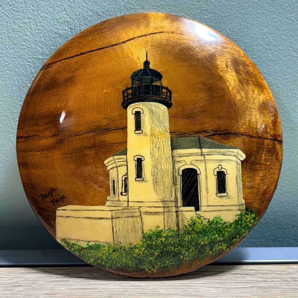Gayle Paige Hand Painted Myrtlewood Lighthouse Wall Plaque Oregon Art 6.5 Inch